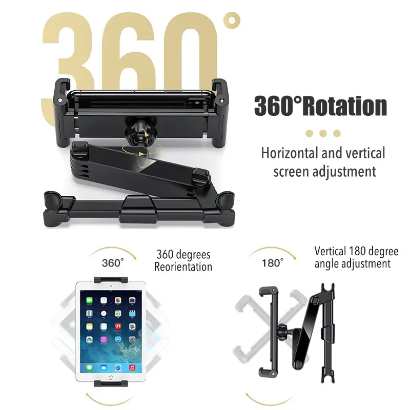 Rotating car headrest holder for phones and tablets, 5-13 inches.