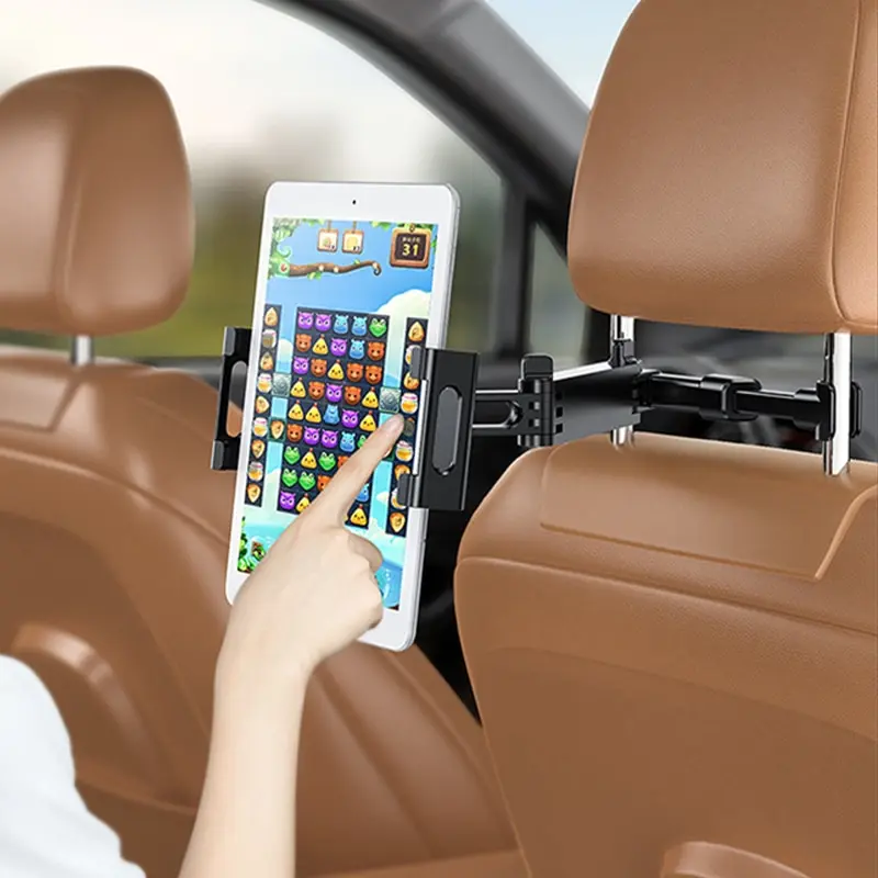 Rotating car headrest holder for phones and tablets, 5-13 inches.