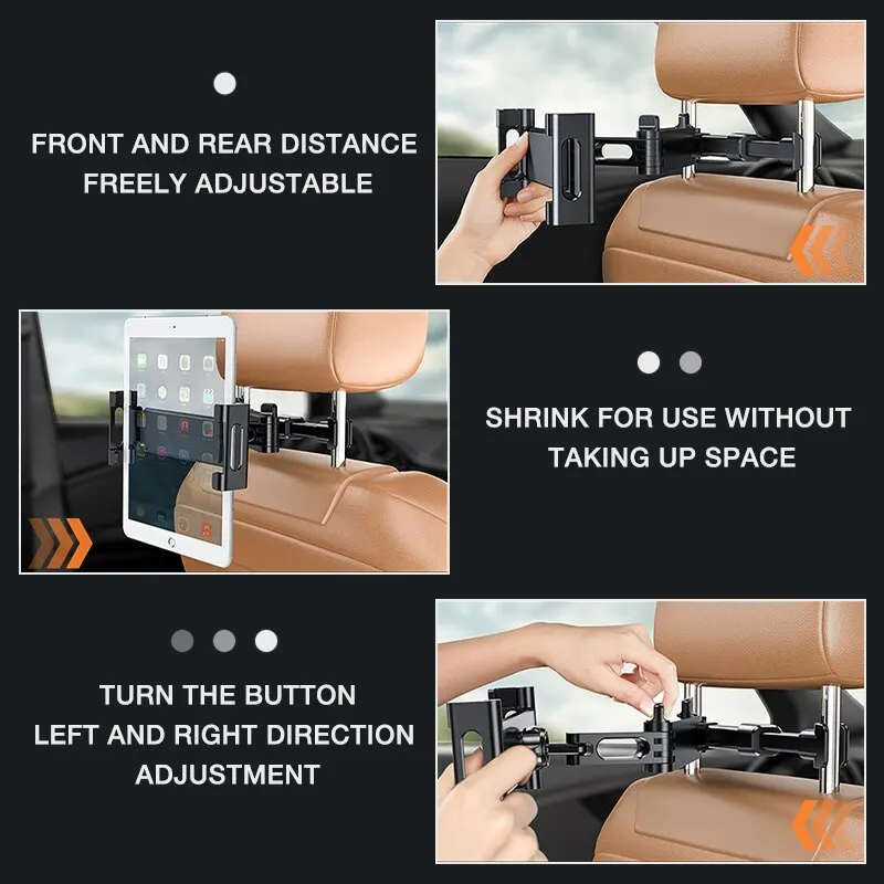 Rotating car headrest holder for phones and tablets, 5-13 inches.