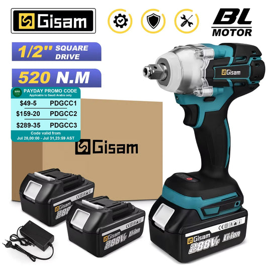 Gisam 520N.M Brushless Electric Impact Wrench Cordless Electric Wrench 1/2 inch for Makita 18V Battery Screwdriver Power Tools