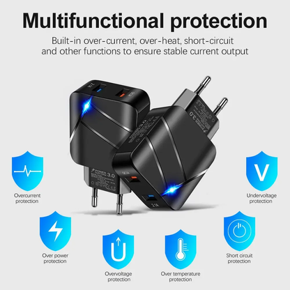 EU plug mobile phone charger adapter with dual USB port for fast charging according to the universal QC 3.0 standard.