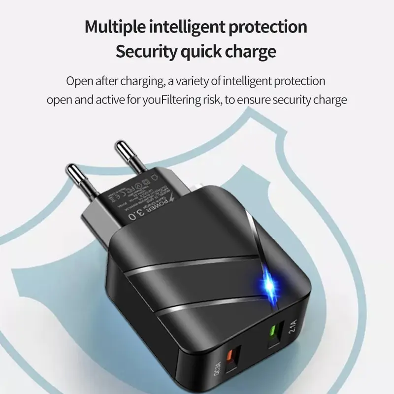 EU plug mobile phone charger adapter with dual USB port for fast charging according to the universal QC 3.0 standard.